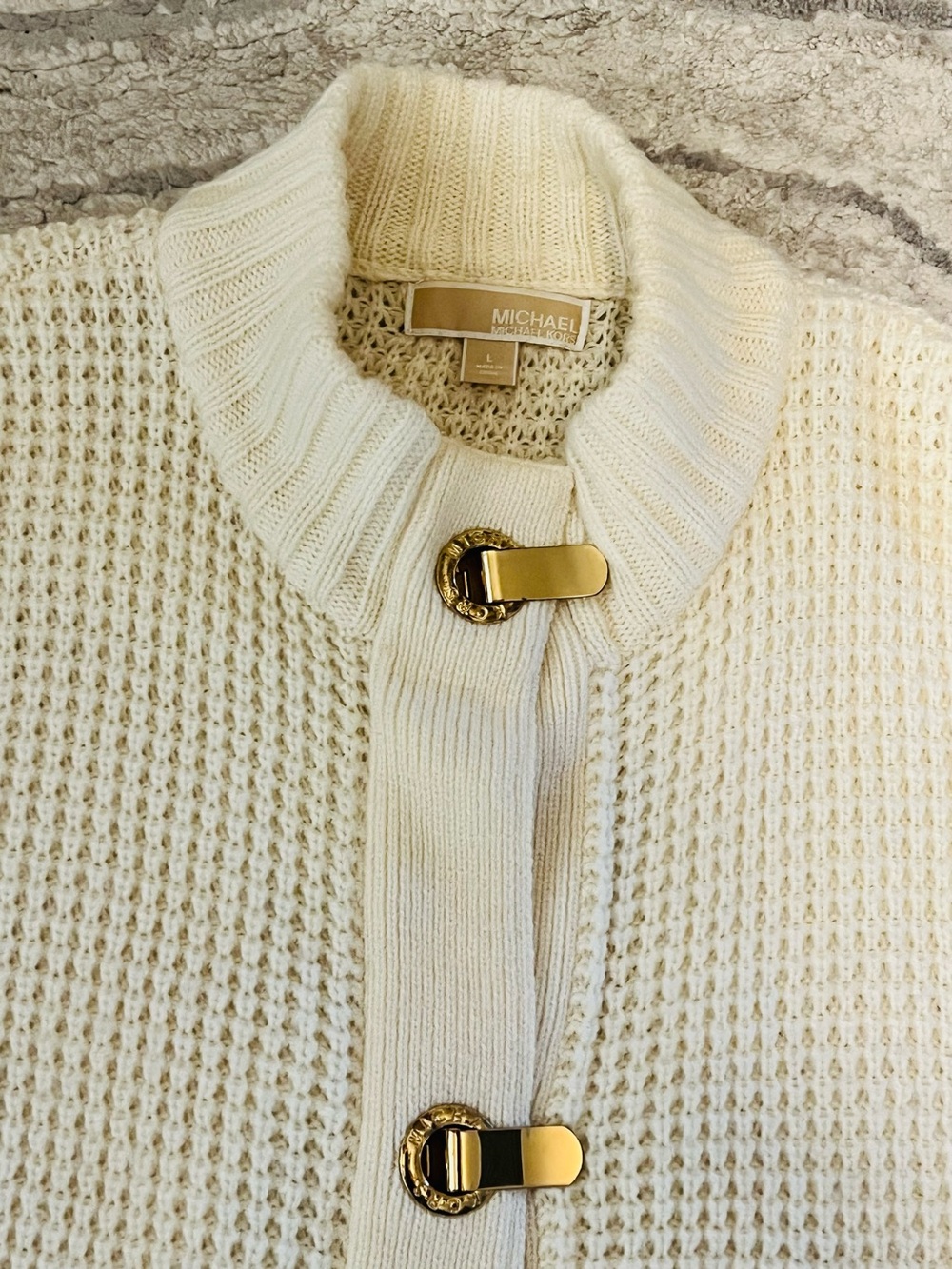 Michael Kors Cream Knit Long Cardigan with Chunky Gold Hardware - Picture 3 of 10